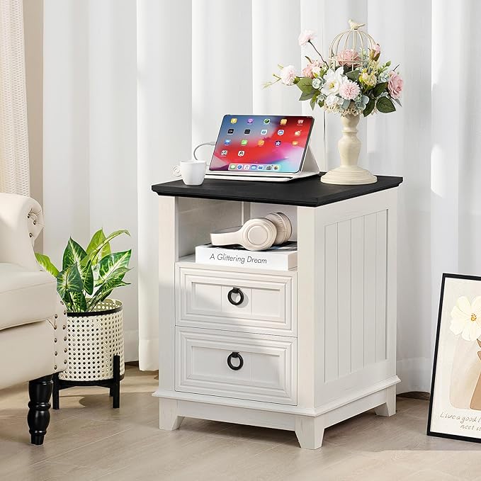 18" Farmhouse Night Stand with Charging Station, 2 Drawers End Table Dresser for Bedroom, White Wooden Nightstand, Bed Side Table with Open Shelf, Bedside Cabinet for Living Room, Closet-CasaMuseHome