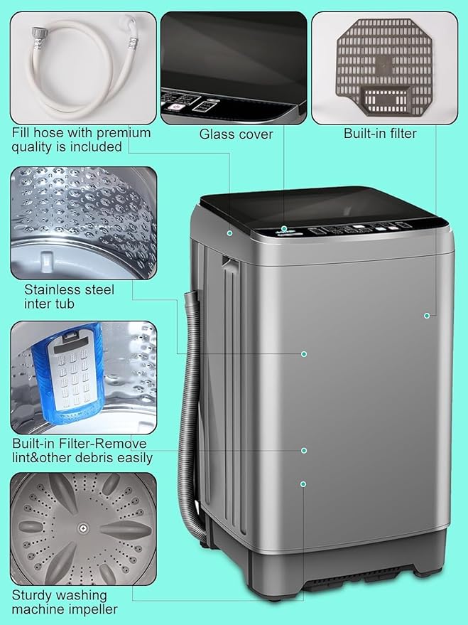 25 lbs Full Automatic Washing Machine with LED Display Compact Washing Machine with Drain Dump, 10 Wash Programs and 8 Water Levels Ideal for Dorms, Apartments, RV, Grey-CasaMuseHome