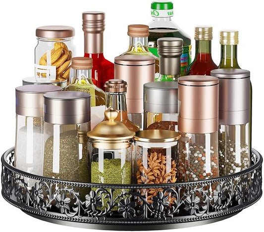 10" Lazy Susan Organizer Turntable,360 Rotating Spice Rack Lazy Susan for Cabinet Dining Table Top Countertop Pantry Kitchen Cupboard Vanity Bathroom Refrigerator Black-CasaMuseHome