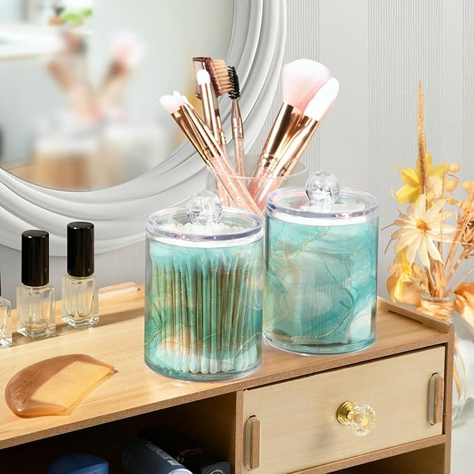 2 Pack Qtip Holder Dispenser Turquoise Marble Bathroom Storage Canister Lid Acrylic Plastic Apothecary Jar Set Vanity Makeup Organizer for Cotton Swabs/Pads/Floss-CasaMuseHome