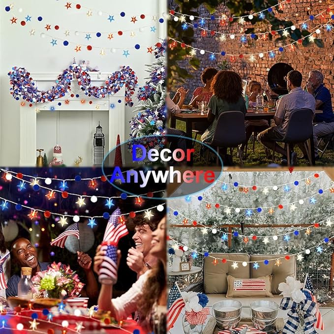 4th of July Decorations 9.85FT Red White and Blue Star String Lights Pom Pom Star Lights Battery Operated with Timer Fairy Lights for Independence Day Memorial Patriotic Fourth of July Decor for Home-CasaMuseHome