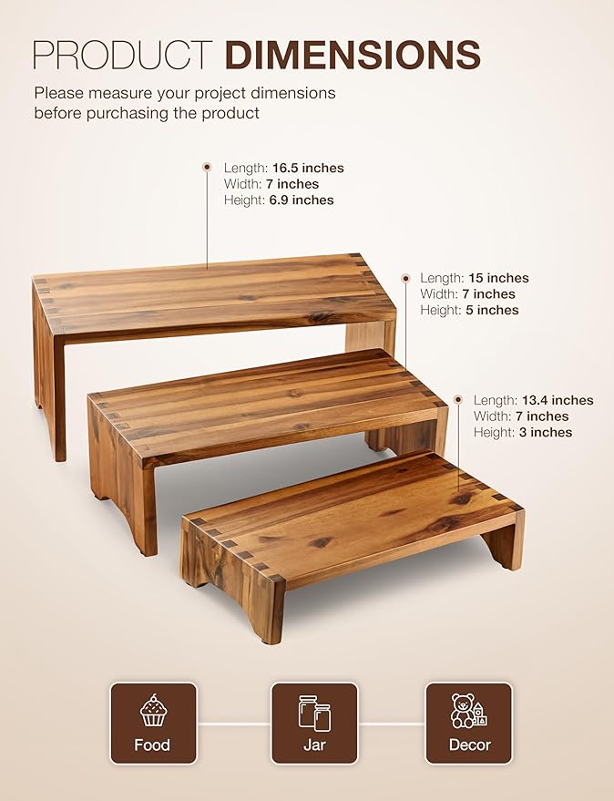 Acacia Wood Risers Display Stands Set of 3 - Wooden 3 Tier Cupcake Stand - 3 Tiered Riser for Vendors - Decorative Display Risers for Food Desserts Stand, Perfume, Funko POP at Party Wedding-CasaMuseHome
