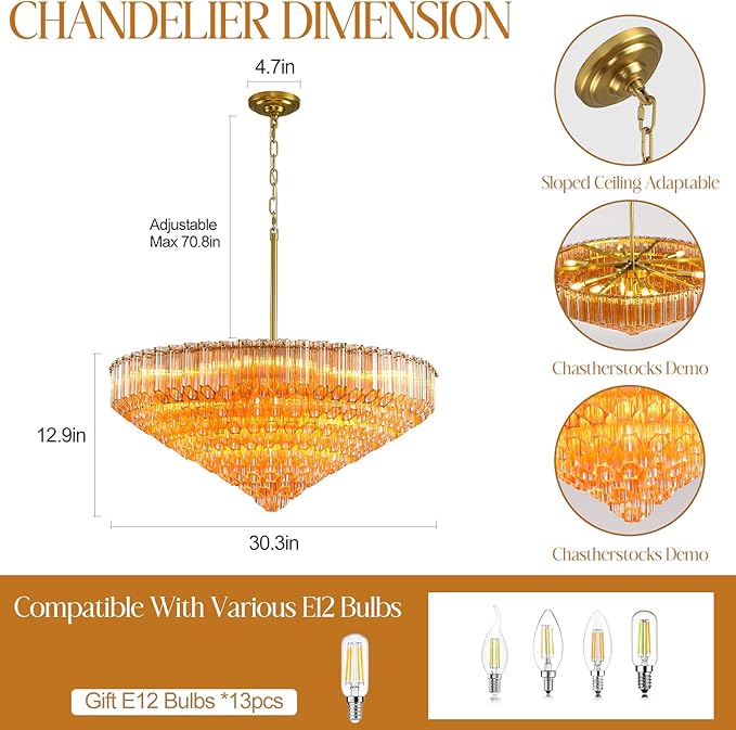 30" Modern Dining Room Chandeliers, 13-Light Amber Crystal Chandeliers, Dimmable Blown Glass Chandelier for Living Room, Round Glod Large Chandelier for High Ceiling, Bedroom, Entryway, Staircase-CasaMuseHome