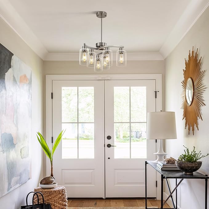 6 Light Modern Brushed Nickel Pendant Light Fixture For Dining Room，Contemporary Kitchen Light Fixtures Brushed Nickel，Adjustable Height Farmhouse Dining Chandeliers Over Table，With Glass Shade-CasaMuseHome