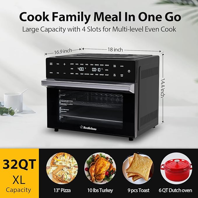 32QT Extra Large Air Fryer, 19-In-1 Air Fryer Toaster Oven Combo with Rotisserie and Dehydrator, Digital Convection Oven Countertop Airfryer Fit 13" Pizza, 6 Accessories, 1800w (Black)-CasaMuseHome