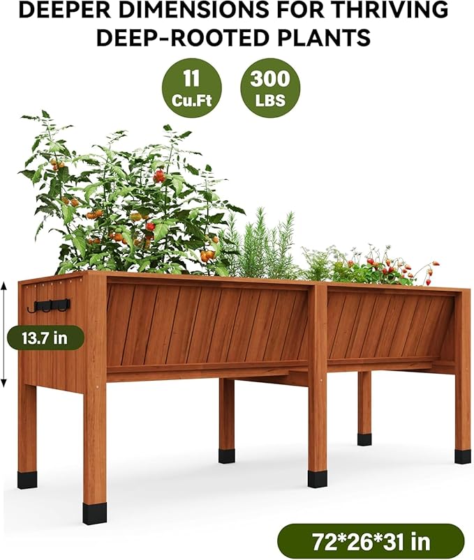 72x26x31 Inch Raised Garden Bed with Legs, 13.7In Depth Wooden Planter Box for Outdoor Growing Vegetables and Herbs, Elevated Garden Bed with Hooks for Backyard, Patio, Balcony-CasaMuseHome