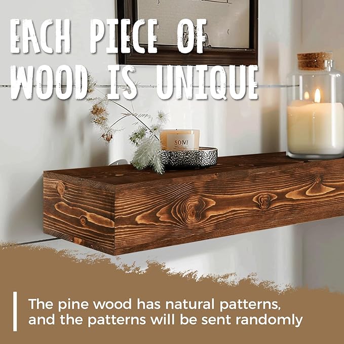 60x8x5 Fireplace Mantel - Handcrafted Hollow Rustic Solid Wood Wall Mounted Floating Shelf with Invisible Heavy Duty Wood Bracket (Weathered Brown)-CasaMuseHome