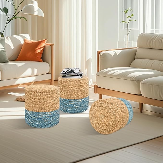 16'' Round Ottoman Natural Seagrass Braided Poof Hand Weaving Round Ottomans Boho Footrest Stool for Home Living Room Bedroom Patio(Natural&Blue)-CasaMuseHome