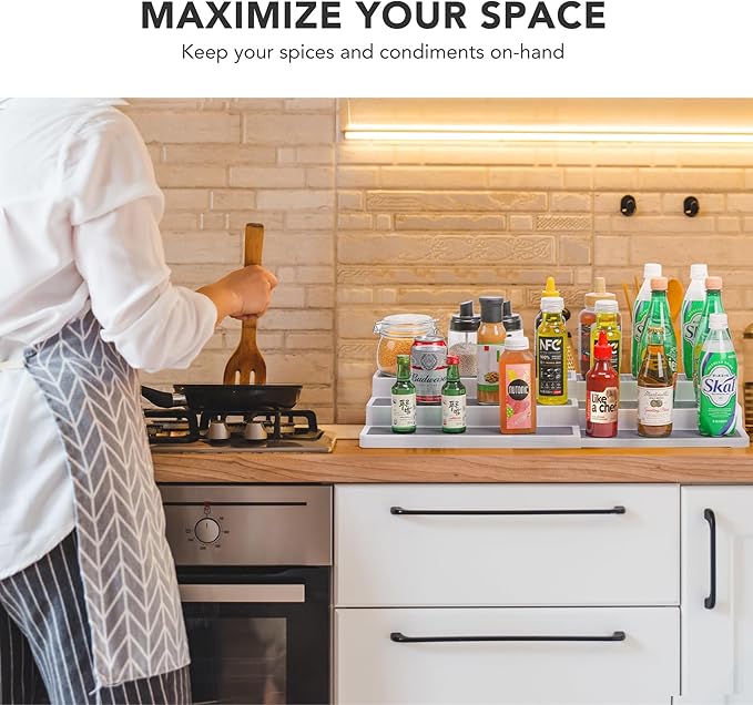 3 Tier Expandable Spice Rack Organizer, White/Grey Plastic Spice Rack, Adjustable Length 14.6In-25.8In, 2 Pack Non-Skid Tiered Spice Shelf Organizer for Kitchen Cabinet, Cupboard, Pantry-CasaMuseHome