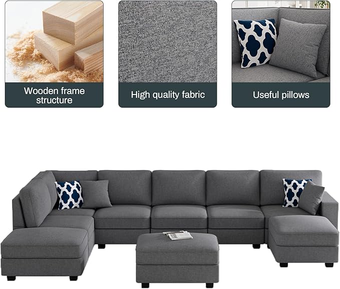 L Lengend Vansen Modular Sectional Sofa U Shaped Couch with Ottoman Modern Reversible Corner Sectional Couch for Living Room (Dark Grey, U Shaped Sofa-4)-CasaMuseHome