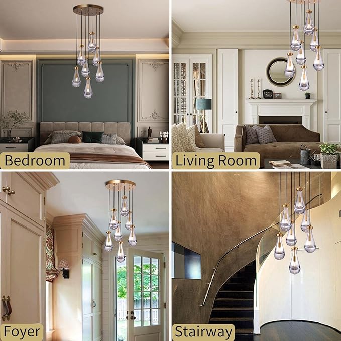 7 Light Raindrop Chandeliers, Brass Teardrop Cluster Pendant Lights Kitchen Island, Gold Dining Room Chandeliers Over Table Hanging Pendant Lighting for High Ceiling, Entryway Staircase-CasaMuseHome