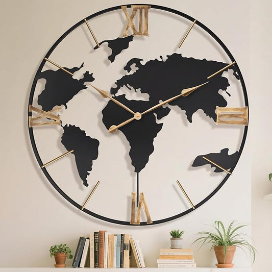 36 Inch Oversized Giant Extra Large Modern Decorative Metal World Map Wall Clock,Big Vintage Gold Roman Numeral Wall Clocks for Living Room,Entryway,Office,Fireplace,Dining Room-CasaMuseHome