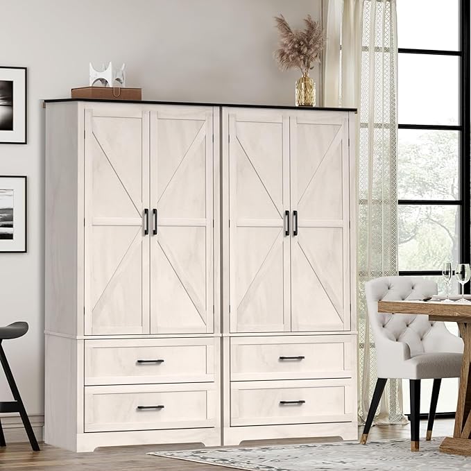 71" Kitchen Pantry Storage Cabinet, Barn Doors Tall Storage Pantry Cabinet with Drawers & Adjustable Shelf, Modern Farmhouse Cupboard Wood Pantry for Kitchen, Living Room, Dining Room, Oak Beige-CasaMuseHome