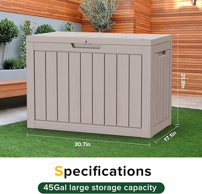 46 Gallon Outdoor Deck Box,Storage Lockable Waterproof Patio Furniture,Garden Tools,Cushions,Pool Accessories Outside Storage Resin Box(Light Brown)-CasaMuseHome