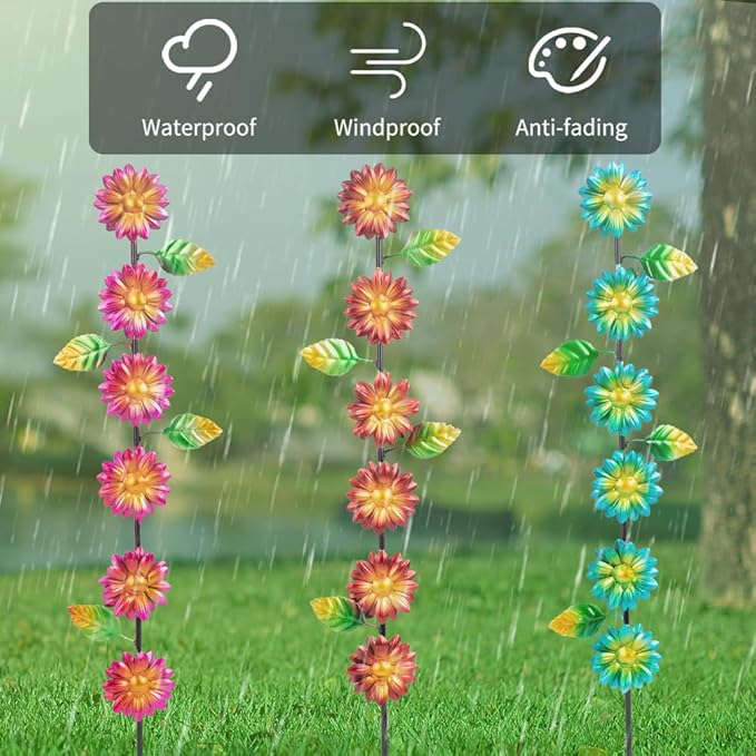 3Pack Flowers Decorative Garden Stakes,Spring Outdoor Metal Flowers Decorations,Metal Yard Art for Outside Patio Porch Decor（22.6 * 5.1IN）-CasaMuseHome