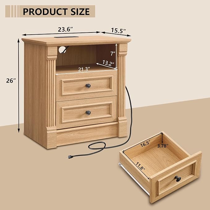 26" Tall Farmhouse Nightstand Set of 2, 2 Drawers End Table w/Charging Station, 23.6" Wide Large Side Tables w/Roman Column, Wood Rustic Sofa Tables w/Open Shelf, Bedside Table for Bedroom, Natrual-CasaMuseHome
