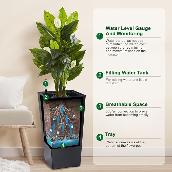 22.5" Tall Planters Set of 2, Outdoor＆Indoor Black Planter Pots, High Front Porch Planter Pots with Drainage Holes＆Water Level Monitor＆Inner Bucket, Automatic Watering, Black-CasaMuseHome