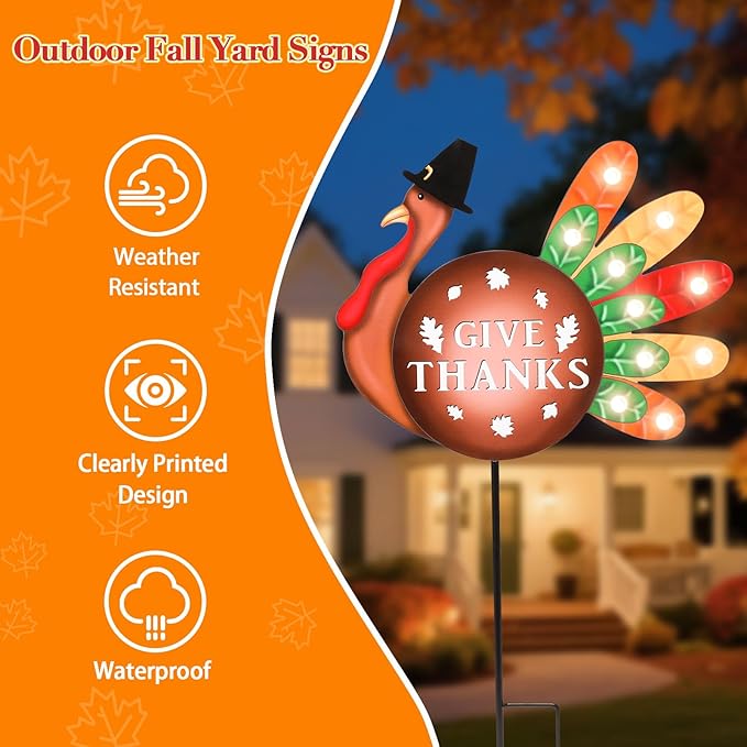 2 PCS Happy Fall Yard Signs Metal Thanksgiving Decorative Garden Stakes with Led Light Turkey Give Thanks Yard Stakes Fall Harvest Lawn Garden Lawn Pathway Decor-CasaMuseHome