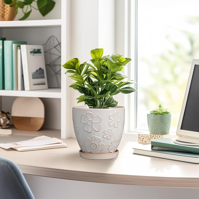 6.9 Inch Plant Pot with Drainage Hole and Saucer Ceramic Planter for Indoor Plant Flower Pot for Orchid Succulents Plants White-CasaMuseHome