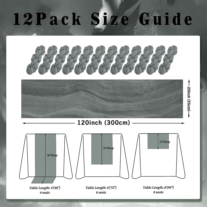 12 Pack Gray 10FT Cheesecloth Table Runner Rustic Gauze Fabric Cheese Cloth Table Runner for Wedding Bridal Baby Shower Table Decor 20 x 120 Inch Long Boho Sheer Birthday Party Table Decorations-CasaMuseHome