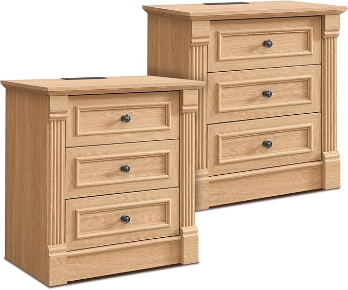 26" Tall Farmhouse Nightstand Set of 2, 3 Drawers End Table w/Charging Station, 23.6" Wide Large Side Table w/Roman Column, Wood Rustic Sofa Table for Bedroom, Natrual-CasaMuseHome