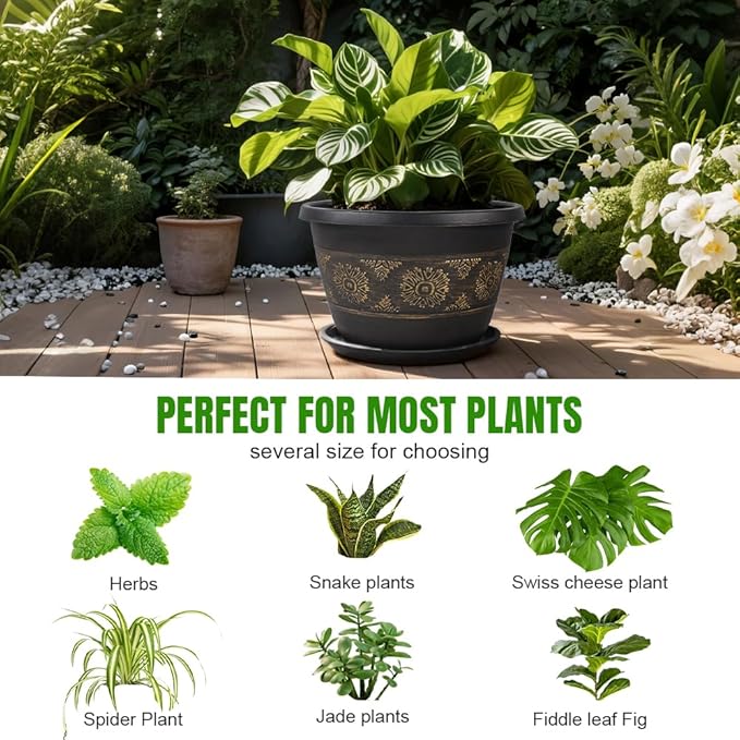 6 Pack 8 inch Plant Pots, Retro Pattern Planters with Drainage Holes and Saucer, Sturdy Plastic Garden Flower Pots for Indoor & Outdoor Plants-CasaMuseHome