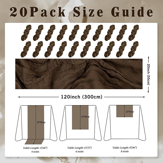 6FT 20 Pack Brown Cheesecloth Table Runner 20 x 120 Inch Long Boho Fabric Rustic Cheese Cloth Table Runner for Wedding Bridal Shower Baby Shower Gauze Sheer Birthday Party Table Decorations-CasaMuseHome
