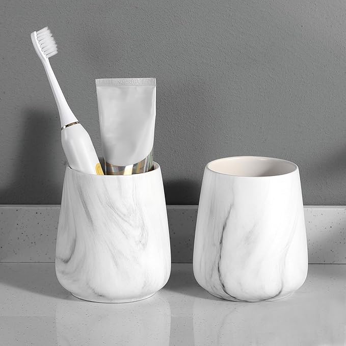 2Pcs Toothbrush Holder for Bathroom - Marble White Ceramic Tooth Brushing Holders Set, Toothbrush Cup & Toothpaste Organizer for Bathroom Countertop, Makeup Brush Holder, Pen Holder for Home Storage-CasaMuseHome