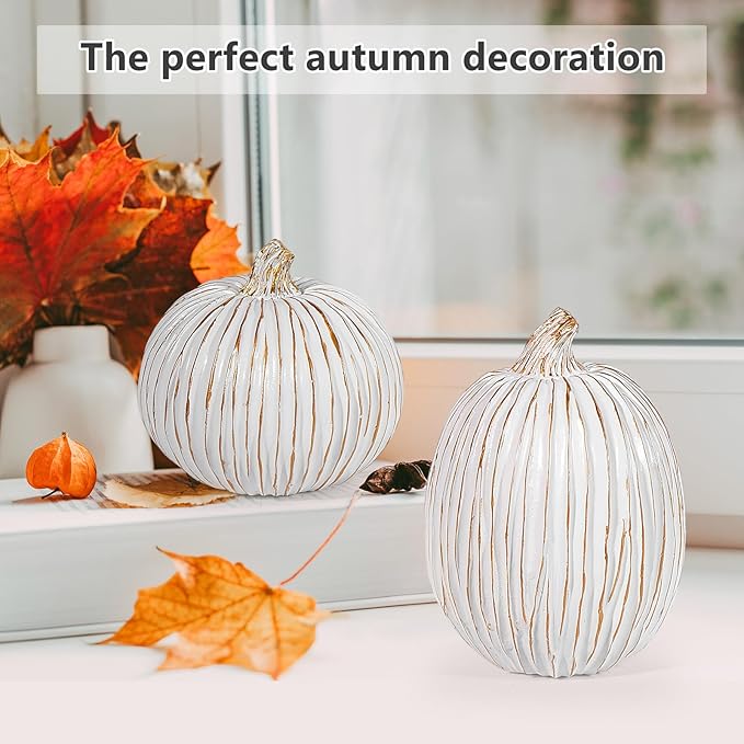 2Pcs Halloween Pumpkin Artificial Resin Pumpkins Decor for Mantel Harvest Autumn Tabletop Decoration Gold Fall Pumpkin Decorations Thanksgiving Table Centerpieces (Set B, ONE Size)-CasaMuseHome