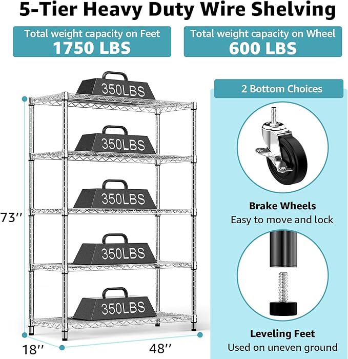 5-Shelf Storage Shelves,Wire Shelving Heavy Duty Metal Storage Shelving Unit Adjustable Garage Shelving Rack Pantry Kitchen (Chrome, 5 Tier,17.7" D x 47.2" W x 76.7" H)-CasaMuseHome