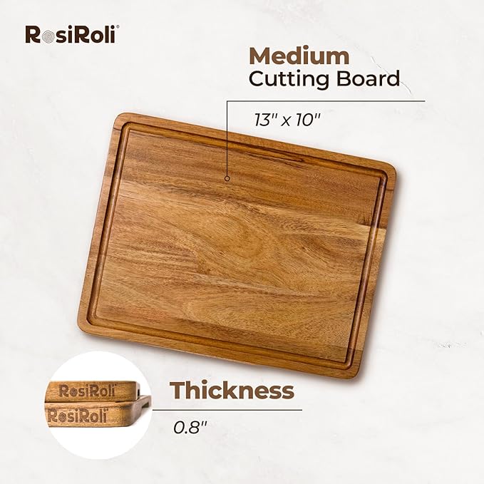 Acacia Wood Cutting Board for Kitchen - 0.8 inch Thick Wood Charcuterie Cheese Board with Side Handles and Juice Grooves, Wooden Chopping Block for Meat and Veggies, 13x10 inch-CasaMuseHome