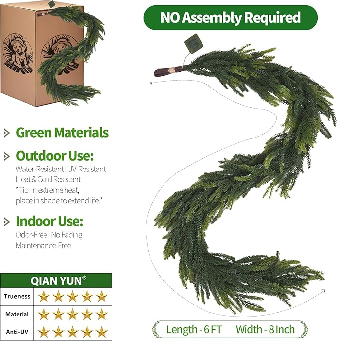 6FT Artificial Norfolk Pine Garland – Real Touch Greenery Garland, Dense Green Plants for Indoor Outdoor Christmas, Holiday, and Home Decoration (1, 6FT-)-CasaMuseHome