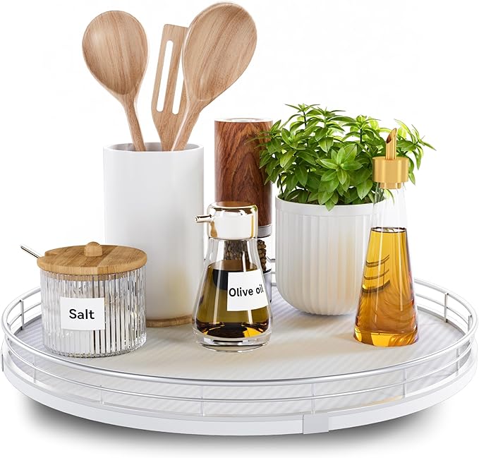 13" Lazy Susan Turntable Organizer for Table Top, Round Wooden Lazy Susan for Cabinet Kitchen Decor Centerpieces Coffee Table, Storage Condiments Spices, Bathroom Vanity Tray for Soap, White-CasaMuseHome