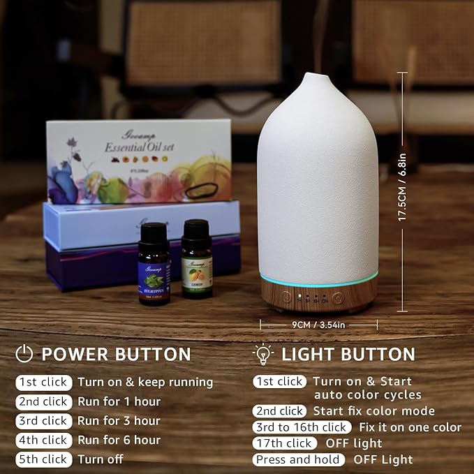 200ML Ceramic Essential Oil Diffuser - Ultrasonic Aromatherapy & Humidifier with 7-Color LED Lights, Auto Shut-Off, Wood Grain Base, 1H/3H/6H Timer | Scent for Home, Office, Yoga-CasaMuseHome