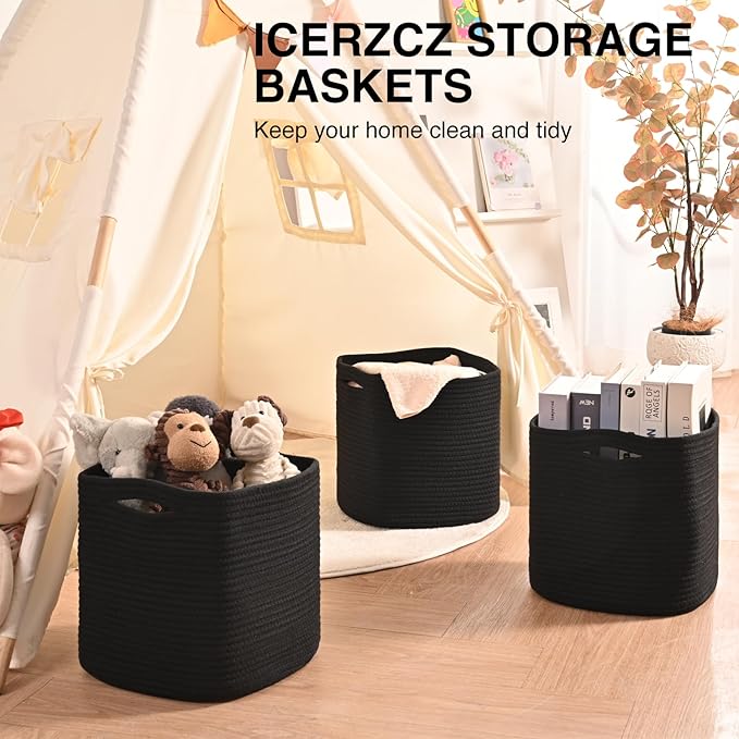 11 Inch Cube Storage Bins, Storage Cube Organizer Bins, Woven Cotton Rope Basket for Storage, Storage Baskets for Organizing Shelves, Square Baskets for Toys, Black (Pack of 3)-CasaMuseHome