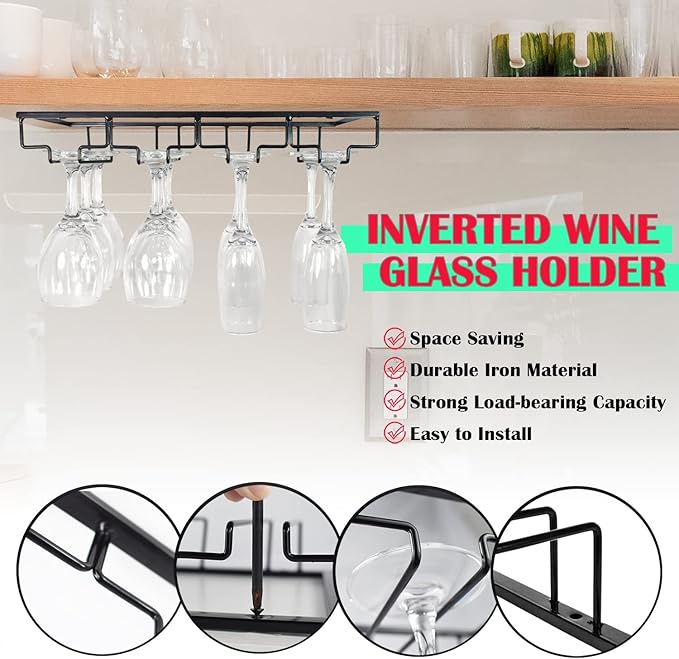 4 Rows Wine Glass Rack Under Cabinet Hanging Stemware Wine Glass Holder Under Shelf Wire Wine Glasses Racks Hanger for Bar, Kitchen (1, 4 Rows)-CasaMuseHome