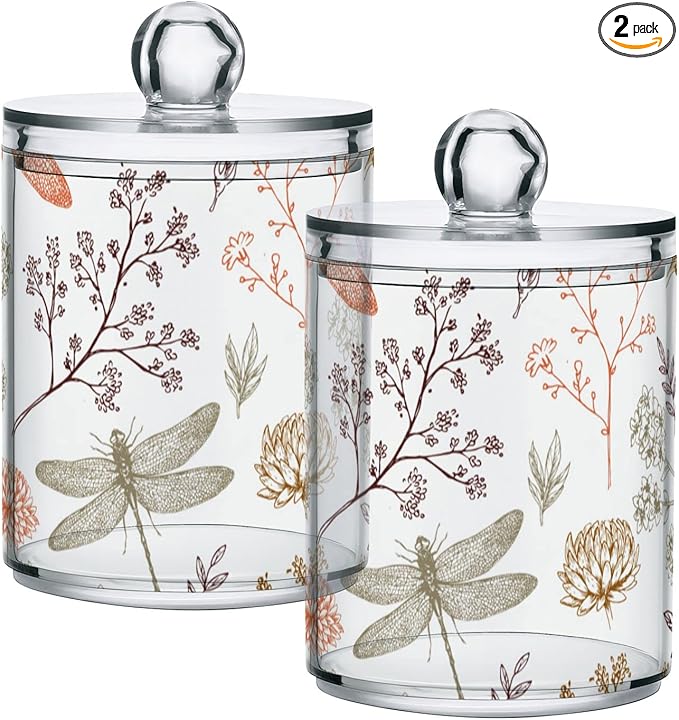 2 Pack Qtip Holder Organizer Dispenser Dragonfly Pattern Bathroom Storage Canister Cotton Ball Holder Container for Cotton Swabs/Pads/Floss-CasaMuseHome