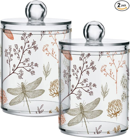 2 Pack Qtip Holder Organizer Dispenser Dragonfly Pattern Bathroom Storage Canister Cotton Ball Holder Container for Cotton Swabs/Pads/Floss-CasaMuseHome