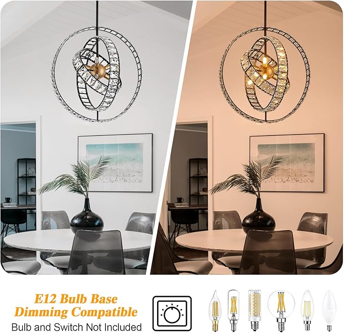 18" Crystal Globe Sputnik Chandelier, 6-Light Black Gold Modern Adjustable Hanging Ceiling Pendant Light Fixture for Entryway Foyer Stairway Bedroom Dining Living Room Hallway-CasaMuseHome