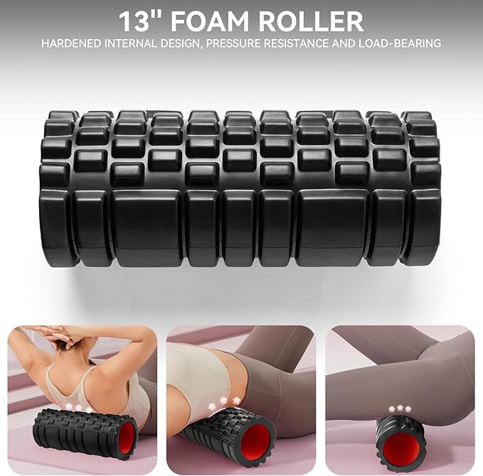 5 in1 Foam Roller Set for Deep Tissue Muscle Massage, High Density Fitness Exercise Foam Roller, Massage Roller, Massage Ball, Resistance Band, for Whole Body (Black)-CasaMuseHome
