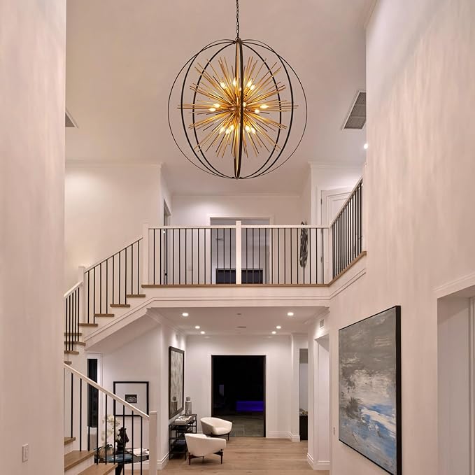 43.3" Black Gold 18-Light Globe Sputnik Chandelier Modern Adjustable Hanging Ceiling Firework Pendant Light Fixture for Entryway Foyer Stairway Kitchen Dining Living Room Hallway-CasaMuseHome