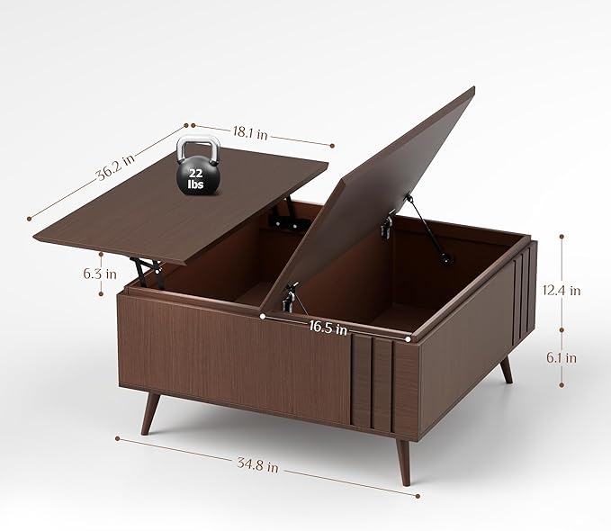 36.2" Lift Top Coffee Table with Storage, Large Square Coffee Tables with Hidden Compartment, Mid Century Modern Center Table for Home Office,Living Room,Dark Walnut-CasaMuseHome