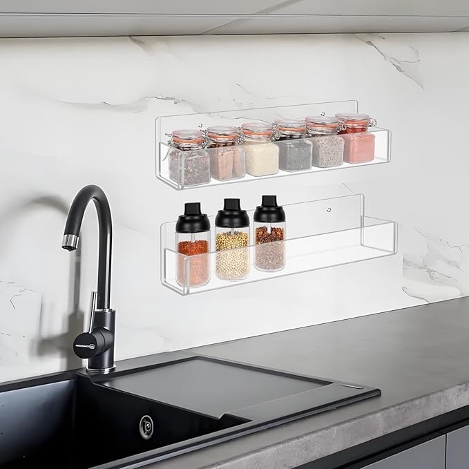 Acrylic Spice Rack Wall Mount-12 Inch, Clear Spice Shelf Storage Holder, 4 Pack Hanging Seasoning Rack Organizer for Cabinet Door, Cupboard or Wall Kitchen (Adhesive or Screw)-CasaMuseHome