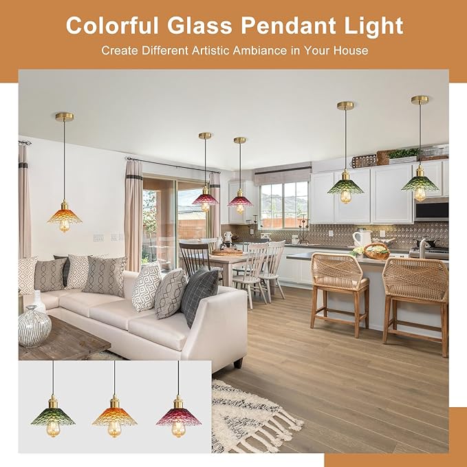 3-Pack Pendant Lights, Modern Glass Ceiling Hanging Light Fixtures,Adjustable Three Color Glass Shades Vintage Gold Chandeliers for Kitchen Island Dining Room Livingroom Entryway Farmhouse Bar-CasaMuseHome