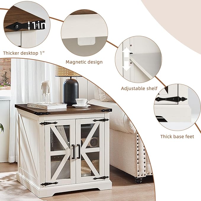 24" End Table with Charging Station, Farmhouse Night Stand with Glass Barn Door, White Nightstands with Adjustable Storage Shelf, Large Wood Square Bed Side Table for Living Room,Bedroom-CasaMuseHome