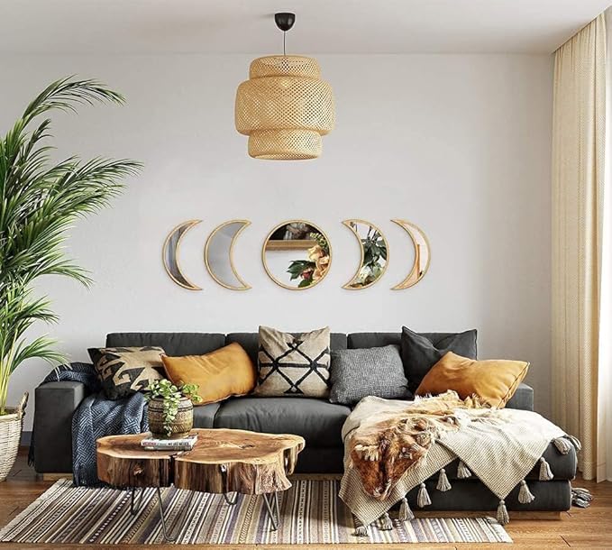 5 pcs Scandinavian Natural Decor Acrylic Moonphase Mirrors Interior Design Moon Phase Mirror Bohemian Wall Decoration for Home Living Room Bedroom Decor - No Need to Punch (Gold)-CasaMuseHome