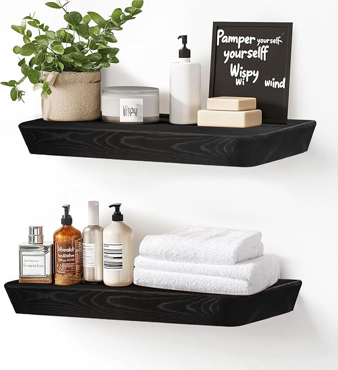 16"x6.8"x1.6" Slanted Floating Wall Shelves 2-Pack - Rustic Black Finish, Heavy-Duty Solid Wood Design with Hidden Brackets - Perfect for Living Room, Kitchen, Bathroom, or Office-CasaMuseHome
