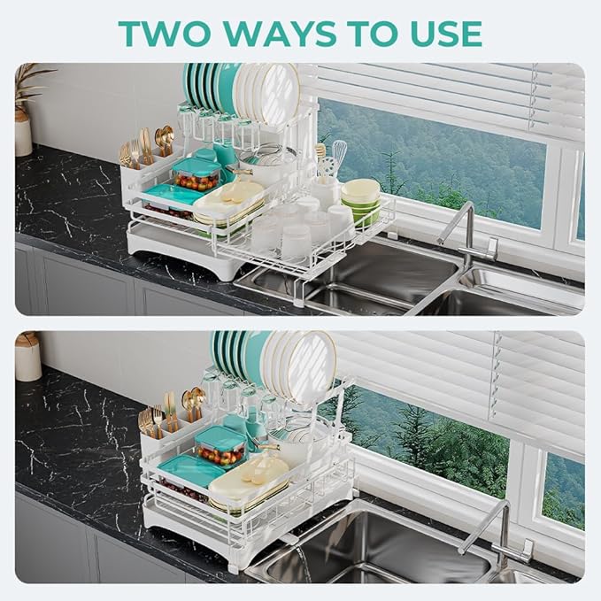 2 Tier Large Dish Drying Rack - Extendable Dish Rack, 2-in-1 Anti-Rust Stainless Steel Dishrack for Kitchen Counter and Sink, Dish Strainer with Utensil Holder & Cup Holder(White)-CasaMuseHome