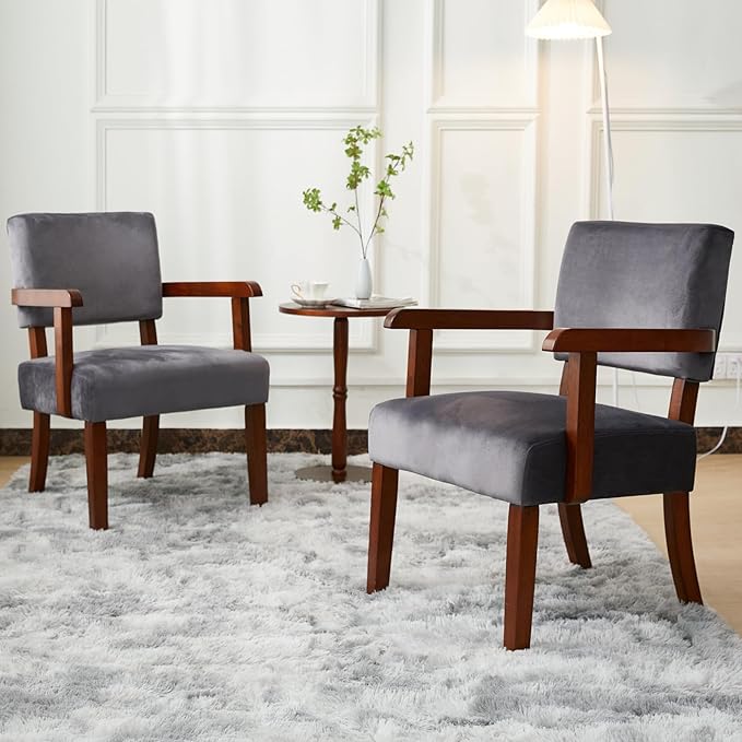 Accent Chair Set of 2 with Table, Living Room Chairs with VelvetSoft Seat and Armrests for Living Room Bedroom Reading Room Waiting Room (Greyvelvet)-CasaMuseHome