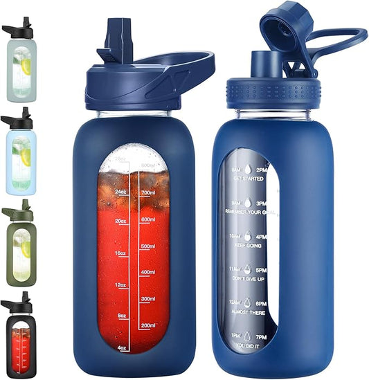 32 oz Glass Water Bottle with Straw and Handle, Sports Motivational Water Flask with Silicone Sleeve, Large Leakproof Water Flask Cup with Time Marker for Travel, Gym, Navy-CasaMuseHome
